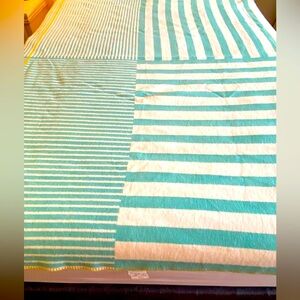 Striped/Squares Teal and Cream Blanket. Made in Portugal. 60/40 Cotton/Poly. EUC